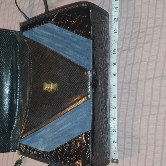 Vtg 80s Mock Croc Suede Satchel Tote - Picture 8 of 9